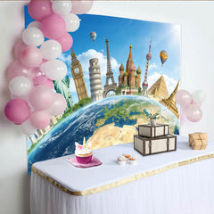 Lofaris Global Landmarks Travel Photography Backdrop for Studio Photoshoot, Blue Sky World Map Background for Adventure Theme Party Decor
