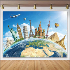 Lofaris Global Landmarks Travel Photography Backdrop for Studio Photoshoot, Blue Sky World Map Background for Adventure Theme Party Decor