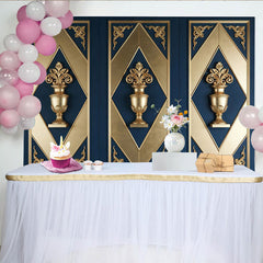 Lofaris Luxurious Blue and Gold Ornate Panel Photography Backdrop, Elegant Wall Decor Background for Studio Portrait
