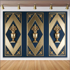 Lofaris Luxurious Blue and Gold Ornate Panel Photography Backdrop, Elegant Wall Decor Background for Studio Portrait