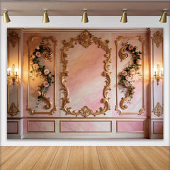 Lofaris Elegant Pink Floral Photography Backdrop with Gold Frames, Luxurious Studio Background for Romantic Portrait Photoshoot