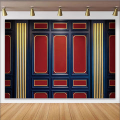 Lofaris Classic Dark Blue and Red Paneled Wall Photography Backdrop, Elegant Gold Trim Studio Background for Professional Portrait