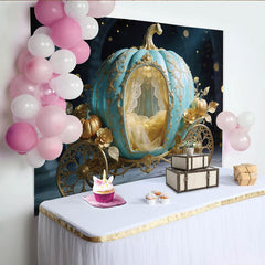 Lofaris Ornate Teal and Gold Cinderella Carriage Photography Backdrop, Magical Fairytale Background for Princess Party Decor