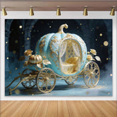 Lofaris Blue Gold Cinderella Pumpkin Carriage Photography Backdrop, Elegant Fairytale Photo Booth Background for Princess Party
