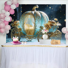Lofaris Fairytale Blue and Gold Pumpkin Carriage Photography Backdrop, Elegant Royal Background for Studio Photoshoot