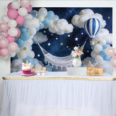 Lofaris Dreamy Newborn Photography Backdrop with Hot Air Balloon and Clouds, Blue Sky Star Studio Background for Baby Shower and Portrait
