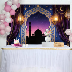 Lofaris Ornate Golden Arch Ramadan Holiday Backdrop with Purple Velvet Curtains and Lanterns, Starry Night Mosque Background for Eid Party