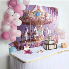 Lofaris Lavender Pink Carousel Photography Backdrop with Horses and Flowers, Dreamy Party Background for Girls Birthday