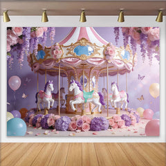 Lofaris Lavender Pink Carousel Photography Backdrop with Horses and Flowers, Dreamy Party Background for Girls Birthday