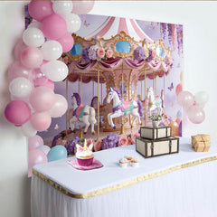 Lofaris Pink and Purple Floral Carousel Birthday Backdrop for Girls, Whimsical Princess Party Photography Background Decor