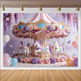Lofaris Pink and Purple Floral Carousel Birthday Backdrop for Girls, Whimsical Princess Party Photography Background Decor