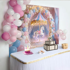 Lofaris Dreamy Pastel Carousel Birthday Backdrop with Balloons and Roses, Magical Party Decor for Girls Photoshoot