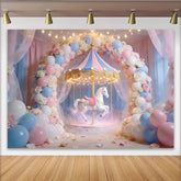 Lofaris Dreamy Pastel Carousel Birthday Backdrop with Balloons and Roses, Magical Party Decor for Girls Photoshoot