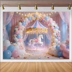 Lofaris Dreamy Pastel Carousel Birthday Backdrop with Balloons and Roses, Magical Party Decor for Girls Photoshoot