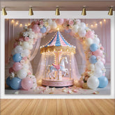 Lofaris Pastel Carousel Birthday Backdrop with Pink and Blue Balloons, Elegant Photo Booth Background for Baby Shower or Kids Party