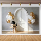 Lofaris Elegant Graduation Backdrop with White Arch Door, Gold and White Balloons, Books, and Cap, Photo Booth Prop for Ceremony Party