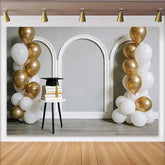 Lofaris Elegant Gold and White Balloons Graduation Backdrop with Books and Cap, Arch Wall Background for Party Photoshoot