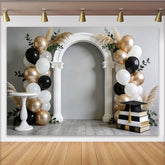 Lofaris Elegant Black and Gold Graduation Backdrop with Arch and Balloons, Stylish Photo Booth Prop for Celebration Party