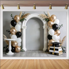 Lofaris Elegant Black and Gold Graduation Backdrop with Arch and Balloons, Stylish Photo Booth Prop for Celebration Party