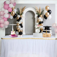 Lofaris Elegant Black White Gold Graduation Backdrop with Arch, Balloons and Cap, Pampas Grass Photo Background for Party Celebration
