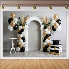 Lofaris Elegant Black White Gold Graduation Backdrop with Arch, Balloons and Cap, Pampas Grass Photo Background for Party Celebration