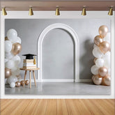 Lofaris White and Rose Gold Graduation Backdrop with Balloons and Cap, Elegant Photo Background for Party Celebration