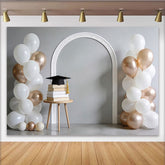Lofaris Elegant White and Rose Gold Graduation Backdrop with Cap and Books, Stylish Photo Booth Prop for Celebration Party Decor