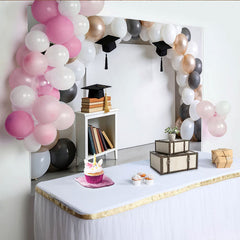 Lofaris Elegant White Grey Rose Gold Balloon Arch Graduation Backdrop with Caps and Books, Stylish Photo Booth for Party Decor