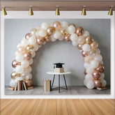 Lofaris White Rose Gold Graduation Backdrop with Balloons and Cap, Elegant Photo Background for College and High School Party Decor