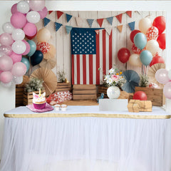 Lofaris Rustic Wooden Wall Independence Day Backdrop, Patriotic American Flag and Red White Blue Balloons for Party Decor