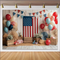 Lofaris Rustic Wooden Wall Independence Day Backdrop, Patriotic American Flag and Red White Blue Balloons for Party Decor