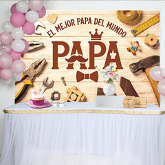 Lofaris Rustic Wood Fathers Day Backdrop with Tools and Papa Text, Charming Photo Booth Background for Family Celebration