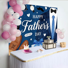 Lofaris Happy Fathers Day Backdrop with Blue Suit, Striped Tie, and Gift Box, Elegant Party Decor for Dad's Celebration and Studio Photography
