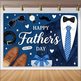 Lofaris Happy Fathers Day Backdrop with Blue Suit, Striped Tie, and Gift Box, Elegant Party Decor for Dad's Celebration and Studio Photography