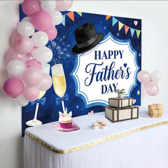 Lofaris Happy Father's Day Backdrop with Blue Night Sky, Fedora Hat and Champagne Flutes, Festive Party Background Decor