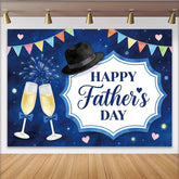 Lofaris Happy Father's Day Backdrop with Blue Night Sky, Fedora Hat and Champagne Flutes, Festive Party Background Decor
