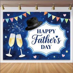 Lofaris Happy Father's Day Backdrop with Blue Night Sky, Fedora Hat and Champagne Flutes, Festive Party Background Decor