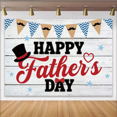 Lofaris White Wood Happy Father's Day Backdrop with Top Hat, Bow Tie, and Mustache Banners, Holiday Photography Background for Party Decor
