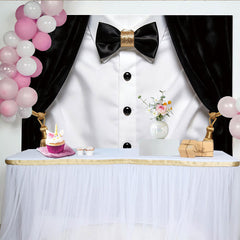 Lofaris Elegant Black and White Tuxedo Photography Backdrop with Gold Bow Tie, Luxurious Velvet Stage Background for Formal Portraits