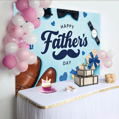 Lofaris Light Blue Fathers Day Backdrop with Mustache and Gifts, Men's Accessories Photo Background for Party Decoration
