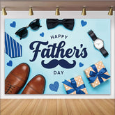 Lofaris Light Blue Fathers Day Backdrop with Mustache and Gifts, Men's Accessories Photo Background for Party Decoration