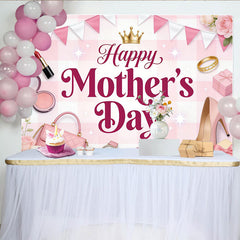 Lofaris Pink Gingham Happy Mother's Day Backdrop with Roses and Golden Crown, Elegant Photography Background for Celebration