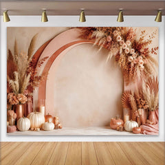 Lofaris Boho Floral Arch Photography Backdrop with Dried Pampas Grass and Roses, Rustic Autumn Harvest Studio Background for Photoshoot
