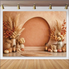 Lofaris Earthy Tone Autumn Arch Photography Backdrop with Pampas Grass, Rustic Fall Studio Background for Photoshoot and Decor