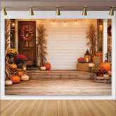 Lofaris Rustic Autumn Porch Backdrop with Pumpkins and Hay Bales, Fall Harvest Photography Background for Thanksgiving Decor