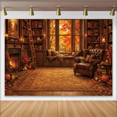 Lofaris Cozy Autumn Library Photography Backdrop with Fireplace and Window, Warm Fall Season Background for Portraits, Studio, and Home Decor