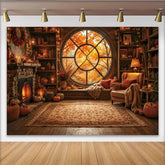 Lofaris Cozy Autumn Library Photography Backdrop with Round Window and Fall Leaves, Rustic Fireplace Background for Studio Portrait