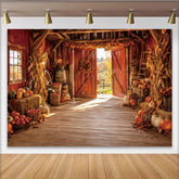 Lofaris Rustic Red Barn Autumn Photography Backdrop with Pumpkins and Hay, Harvest Season Photo Background for Fall Festival Decor