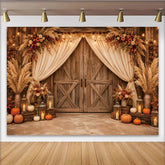 Lofaris Rustic Barn Door Photography Backdrop with Fall Flowers, Pampas Grass and Pumpkins, Autumn Harvest Photo Booth Background for Studio