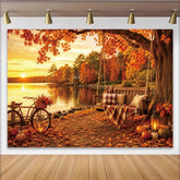 Lofaris Autumn Lake Photography Backdrop with Wooden Swing and Fall Leaves, Cozy Rustic Fall Scene Background for Studio Photoshoot